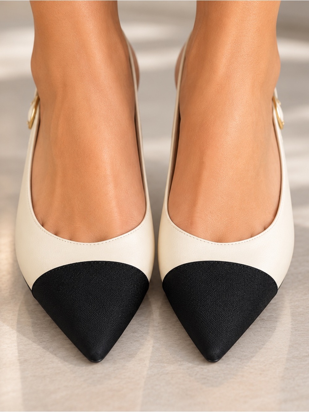 ✨Women’s Ivory Black Pointed Toe Slingback Low Block Heel Pumps EU 37 New Chic! - Picture 5 of 14